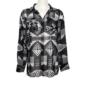 Tasha Polizzi McKenzie Aztec Button Down Shirt Small Black Sheer Western Cowboy